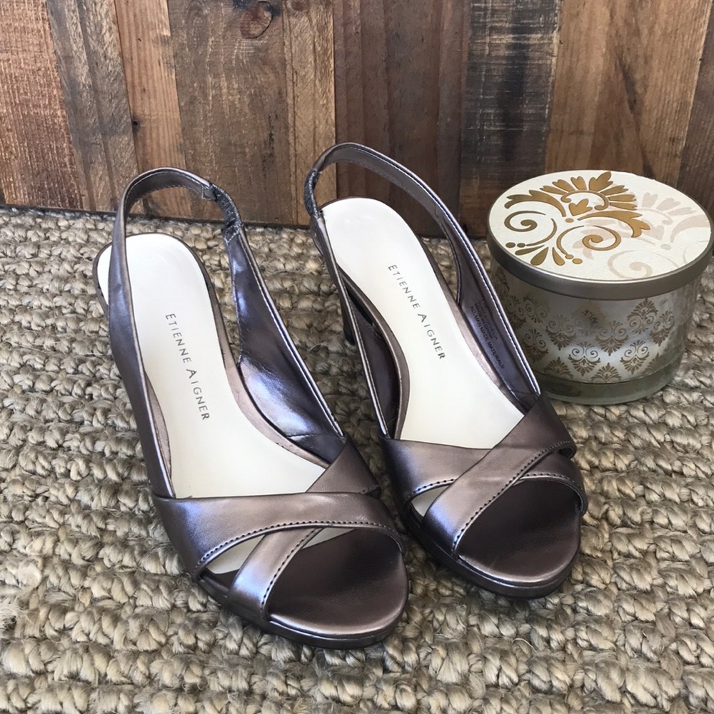 Gunmetal sling back heels.